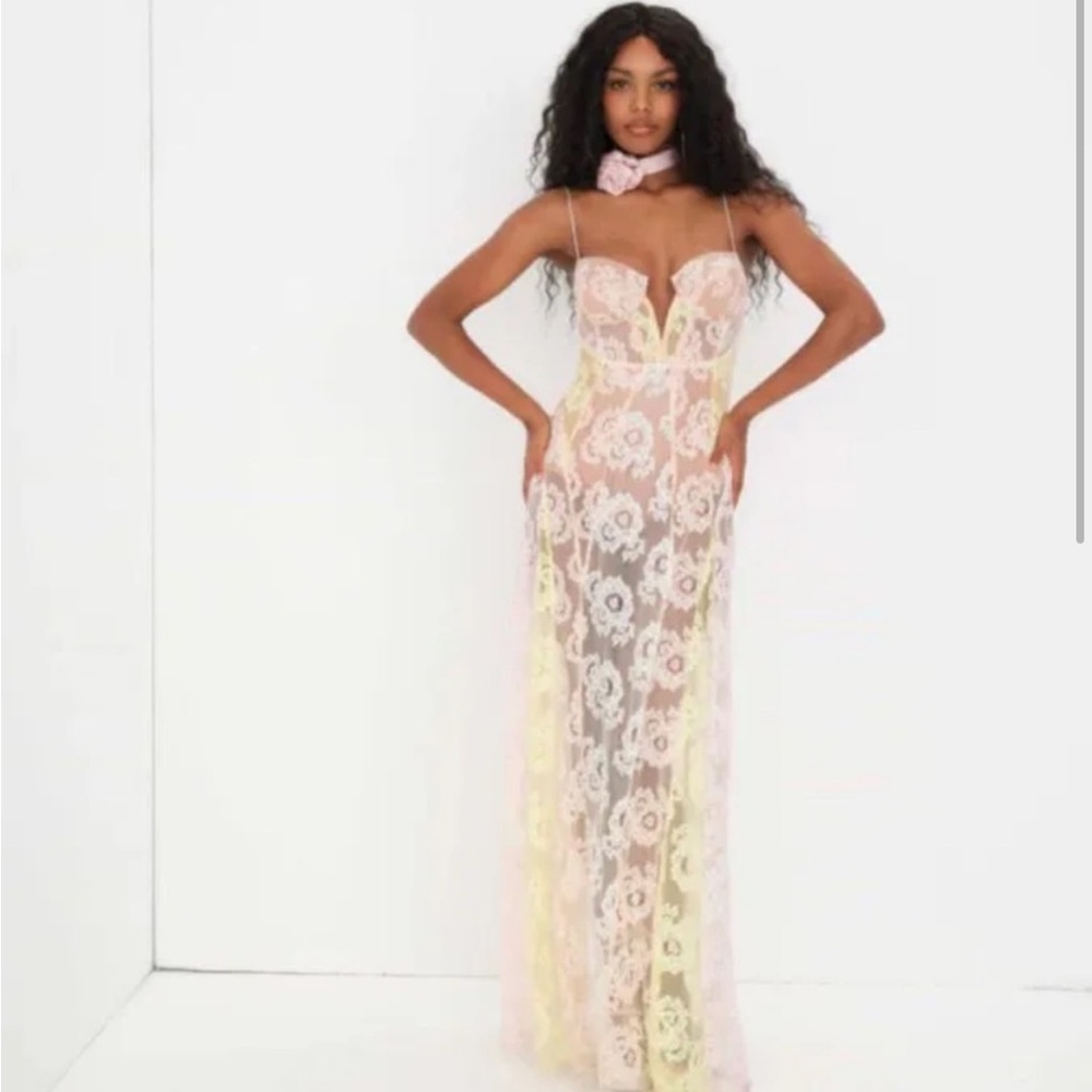 For Love & Lemons Lace Floral Maxi Gown Pastel Multi Pink Yellow NWT M